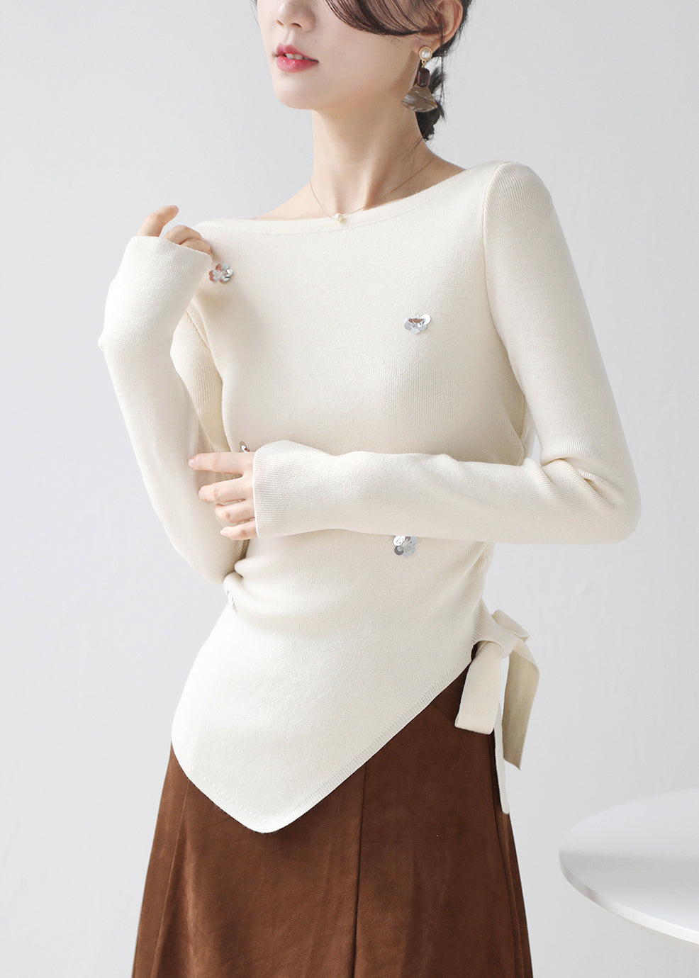 Beige Sequins Knit Sweater Asymmetrical Lace Up Winter