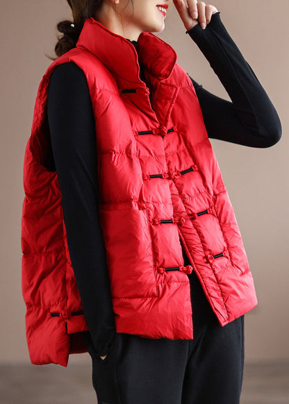 Diy Red Stand Collar Pockets Oriental Winter Puffer Vest