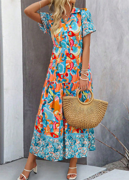 Green Peter Pan Collar Print Cotton Long Dress Summer