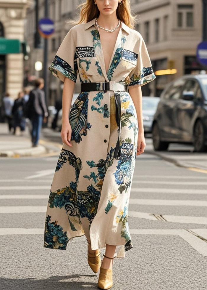 Khaki Cinched Print Cotton Robe Dresses Summer