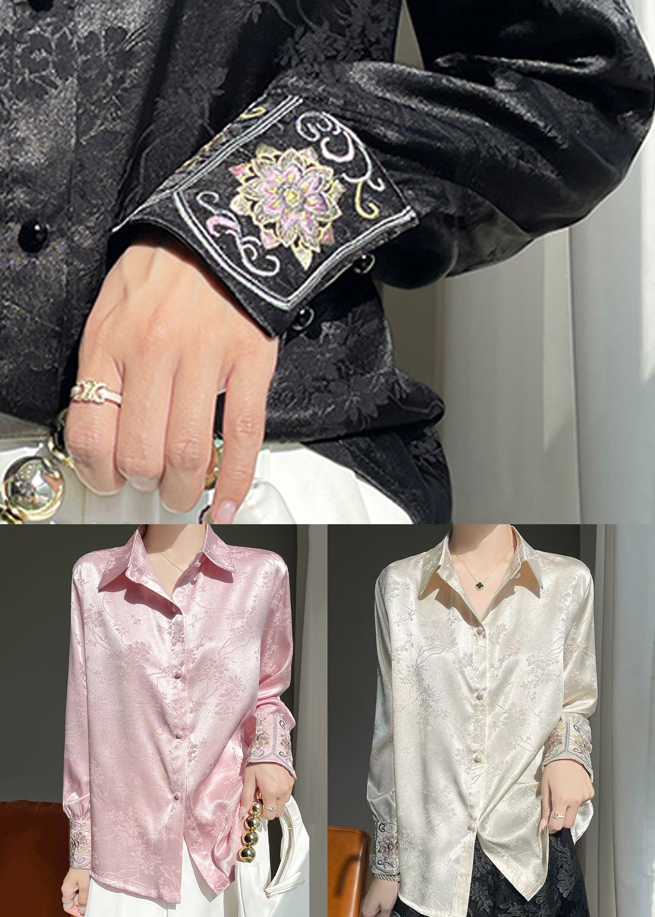 Fine Pink Peter Pan Collar Embroidered Silk Blouse