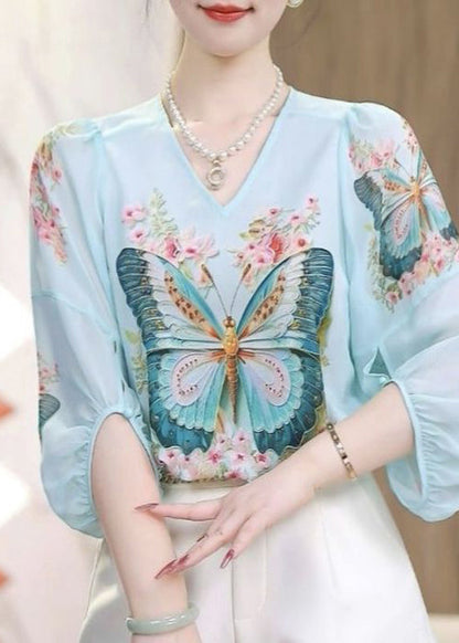 Blue O-neck Butterfly Print Chiffon Shirts Fall