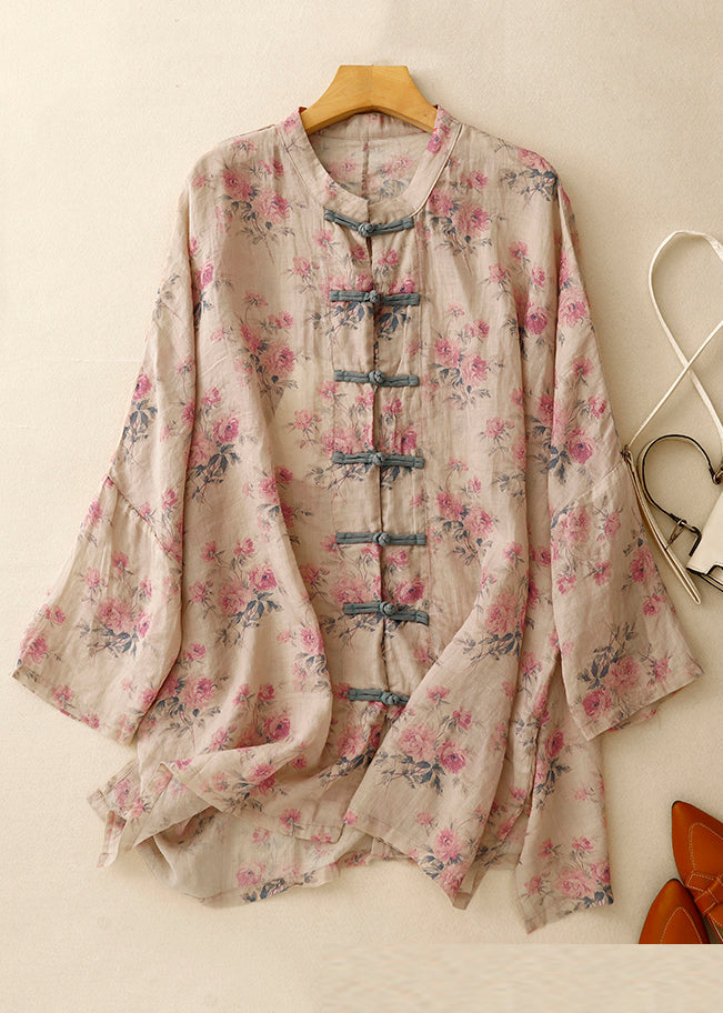 Pink Print Chinese Button Linen Shirts Spring