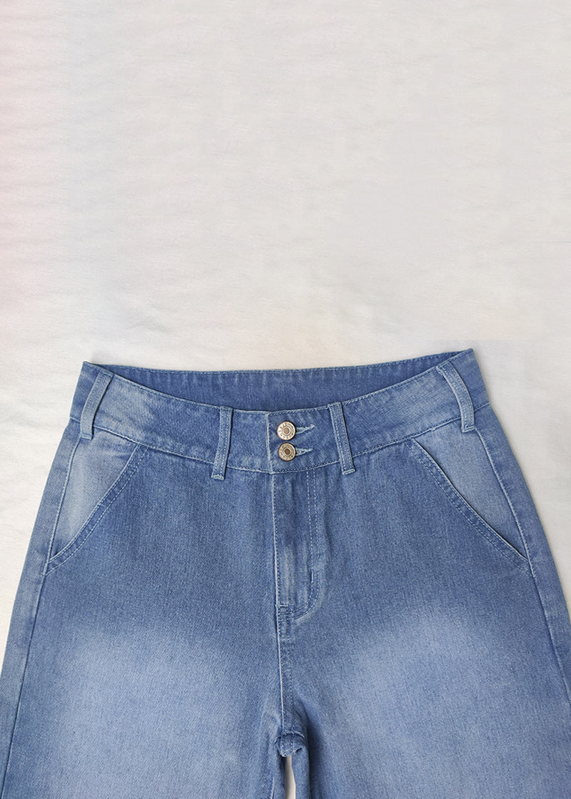 Simple Blue Pockets High Waist Denim Wide Leg Pants Summer
