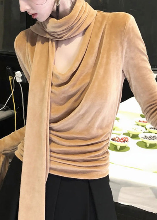 Italian Khaki Bow Silk Velour T Shirts Winter