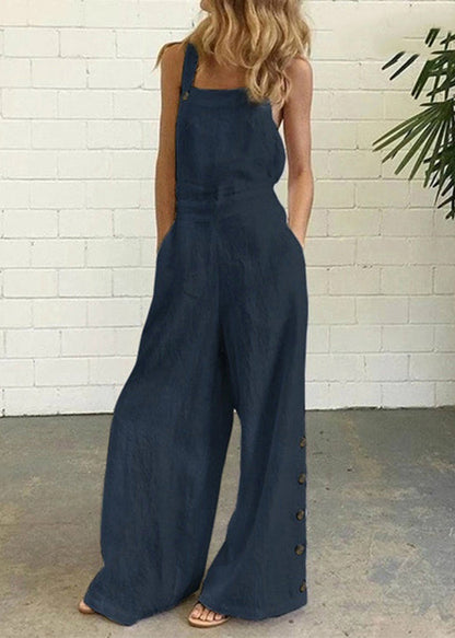 Khaki Pockets Button Patchwork Cotton Jumpsuit Summer