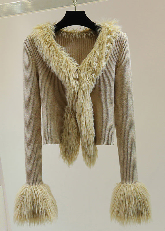 Blue Fur Collar Patchwor Cotton Knit Sweater Winter