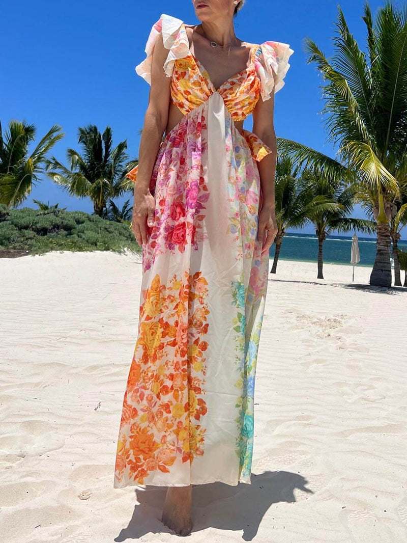 Cutout Back Frill Tie-up Maxi Dress