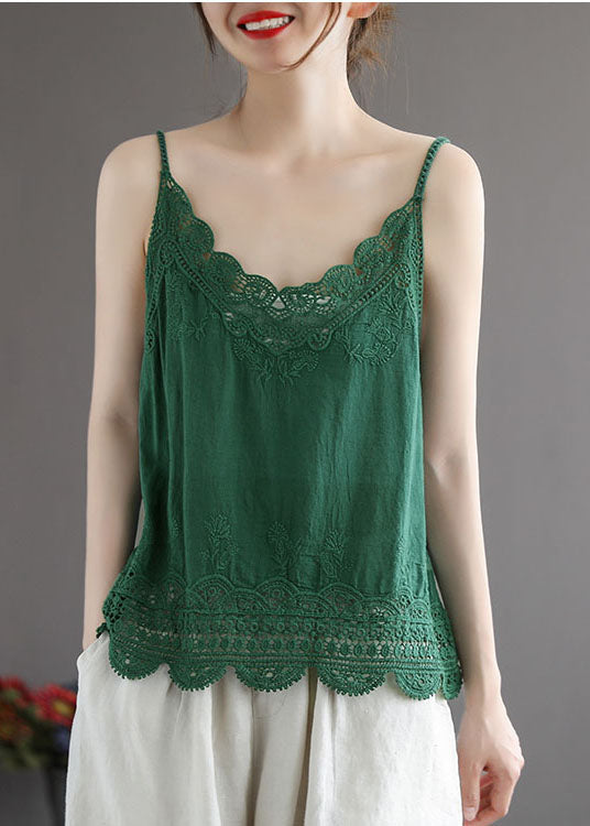 Green Cotton Spaghetti Strap Tops Hollow Out Summer