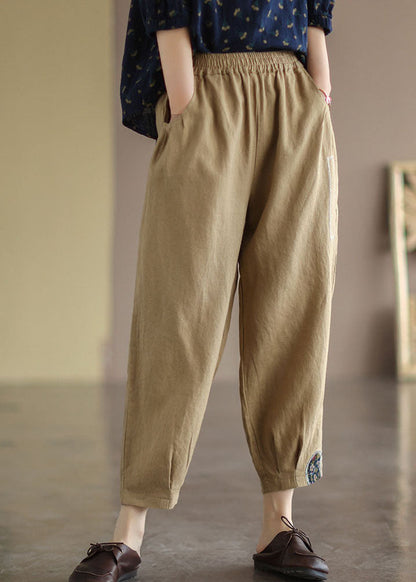 Khaki Elastic Waist Patchwork Applique Linen Harem Pants Fall