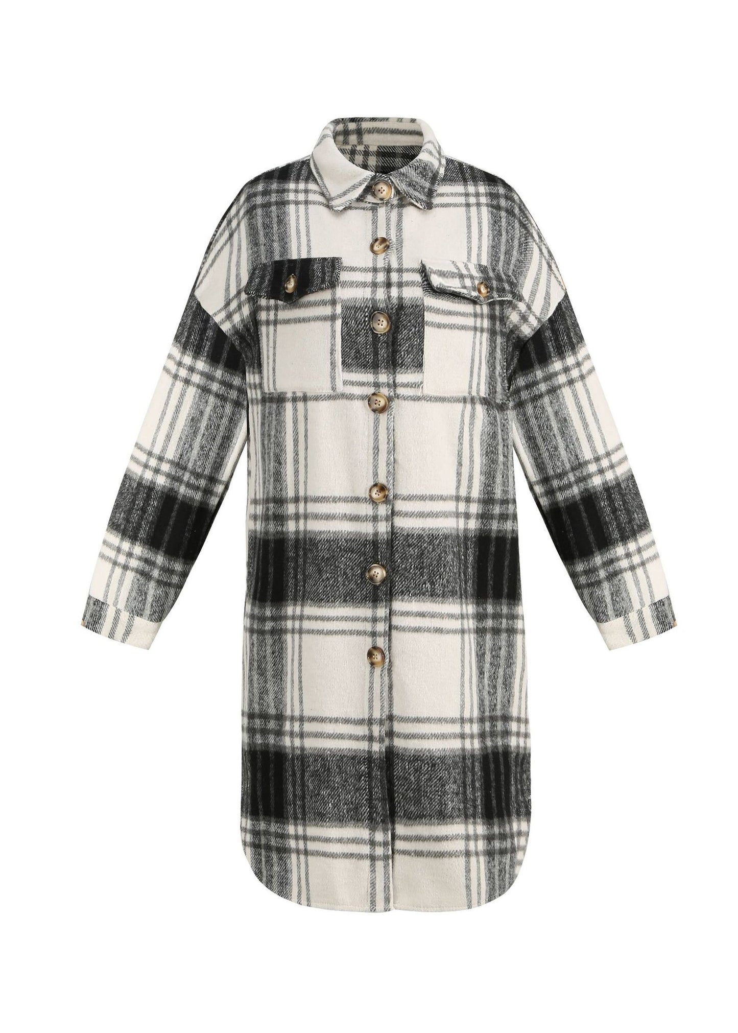 Black Peter Pan Collar Plaid Woolen Shirts Coat Spring