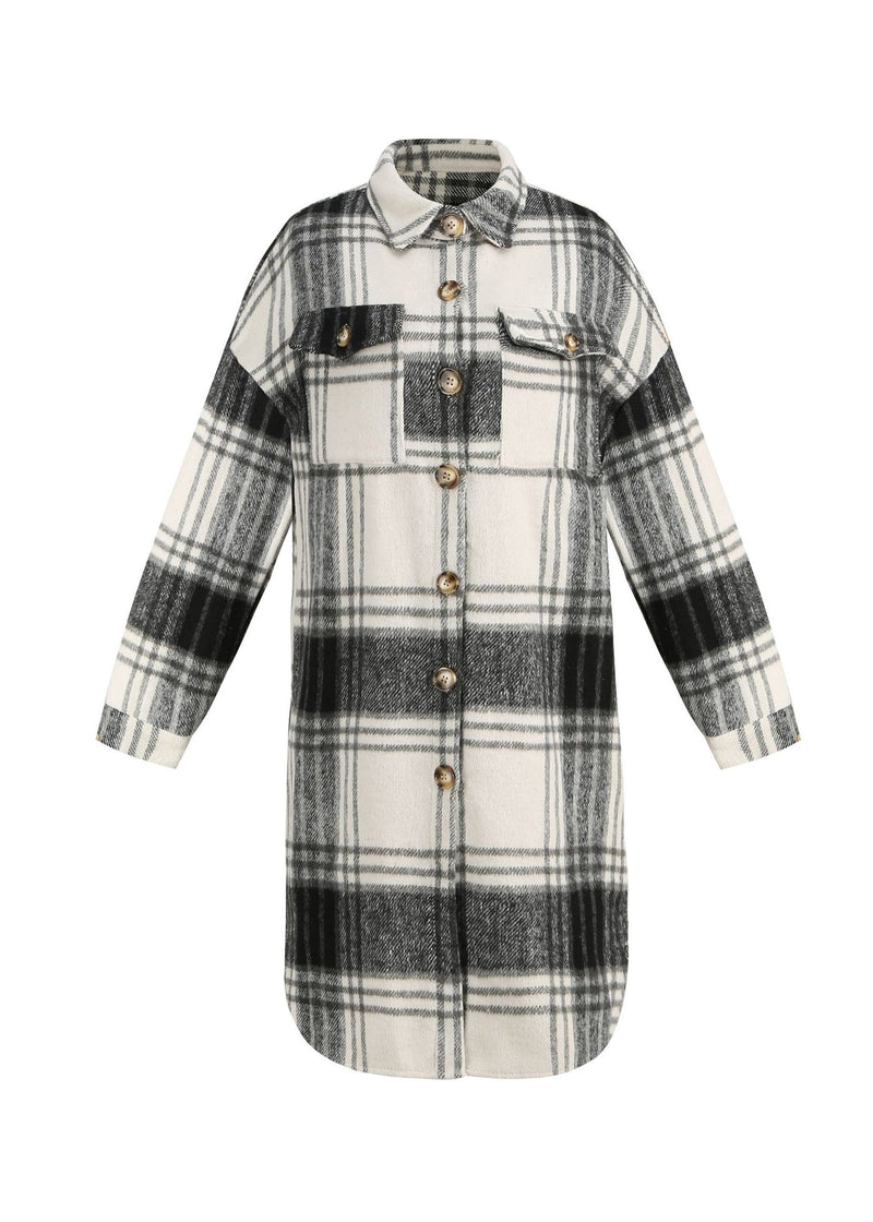 Black Peter Pan Collar Plaid Woolen Shirts Coat Spring