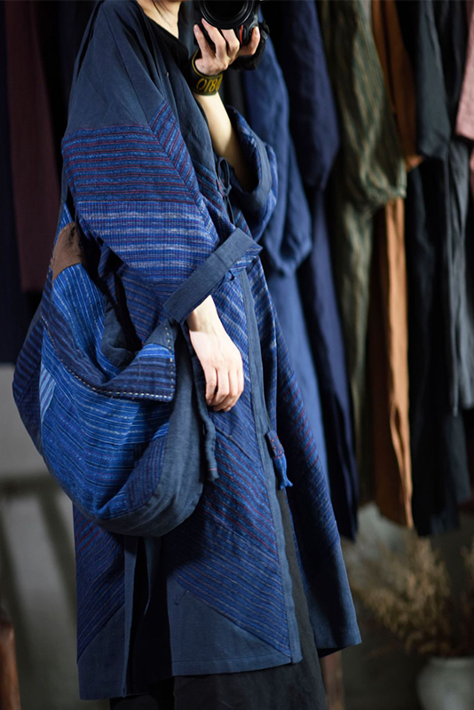 Blue Retro Striped Cotton Trench Coat