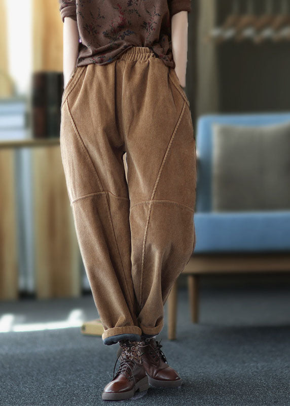 Brown Patchwork Thick Corduroy Pants Elastic Waist Winter