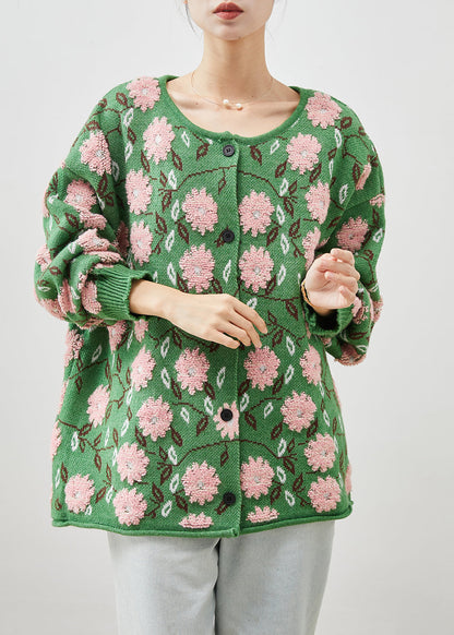 Green Jacquard Cozy Knit Cardigans Oversized Winter