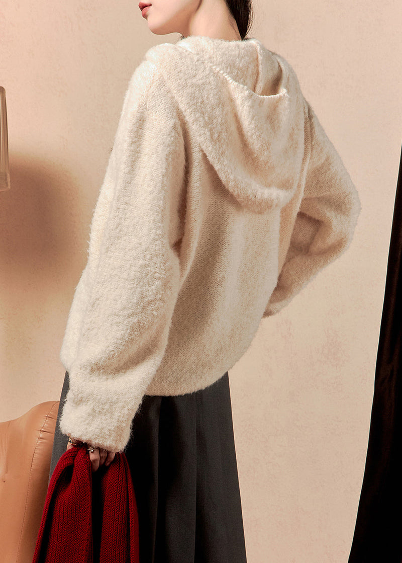 Beige Hooded Button Knit Coats Winter