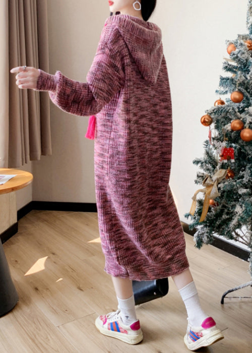 Pink Lace Up Patchwork Cotton Knit Long Dress Winter