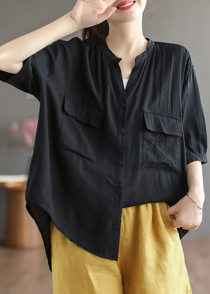 Style Army Green V Neck Wrinkled Button Cotton Shirt Tops Short Sleeve