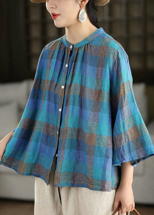 Blue O Neck Plaid Linen Top Flare Sleeve