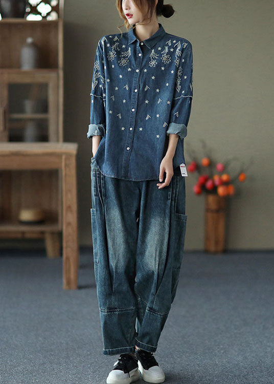 Fine Blue Embroidered Patchwork Cotton Denim Shirt Spring