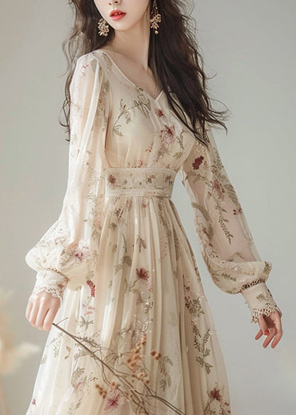 V Neck Print High Waist Chiffon Dress Long Sleeve