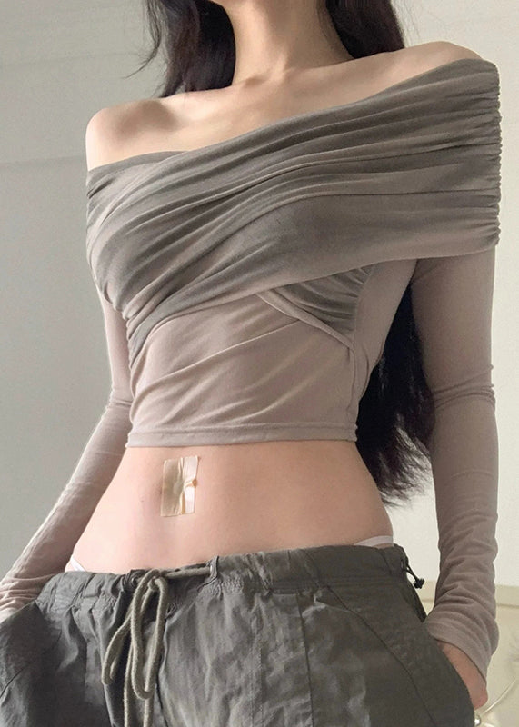 Grey Cold Shoulder Slim Fit Tulle Top Long Sleeve