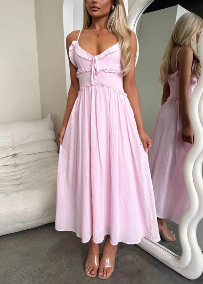 Pink Ruffled Patchwork Cotton Spaghetti Strap Dress Summer