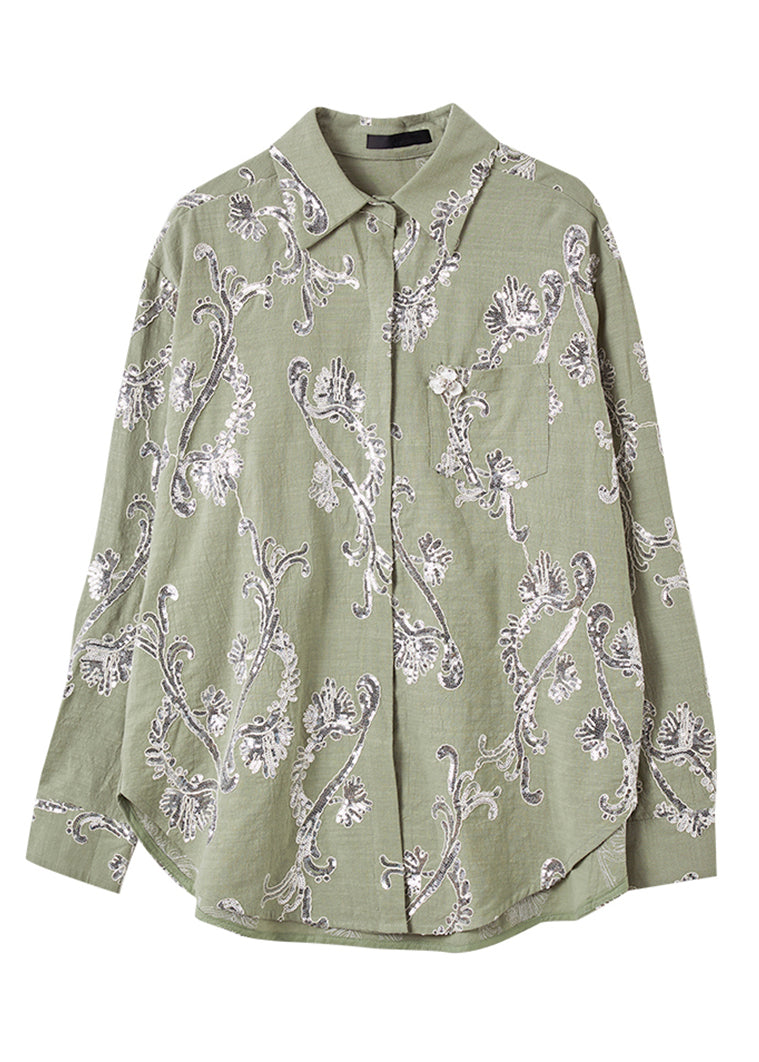 Style Green Sequins Button Cotton Top Lantern Sleeve