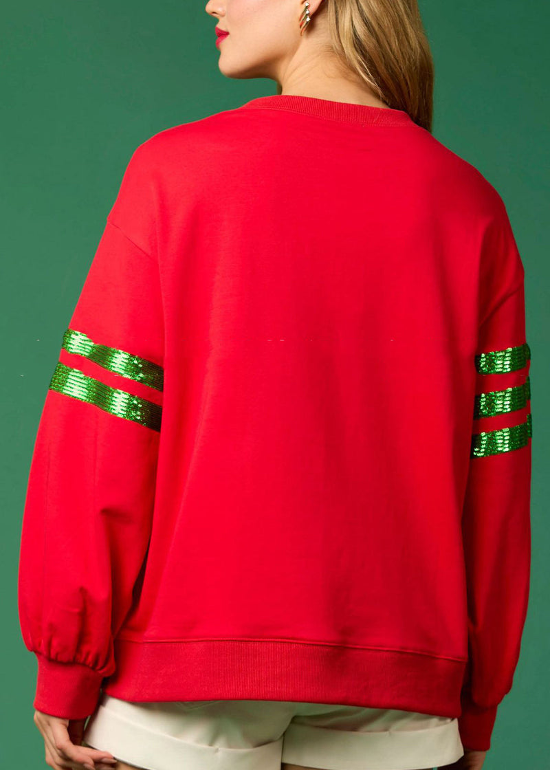 Style Red O Neck Sequins Cotton Christmas Sweatshirts Top Winter