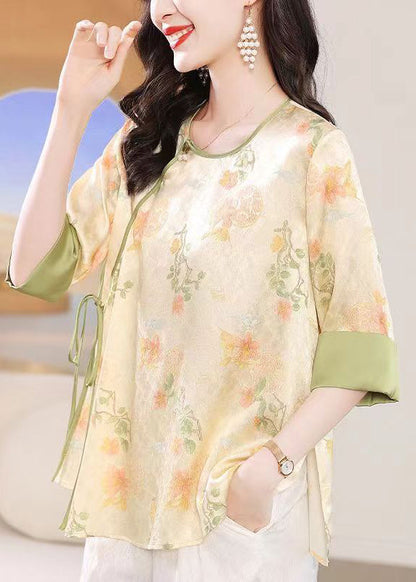 Chinese Style Apricot O-neck Jacquard Lace Up Silk Top Summer