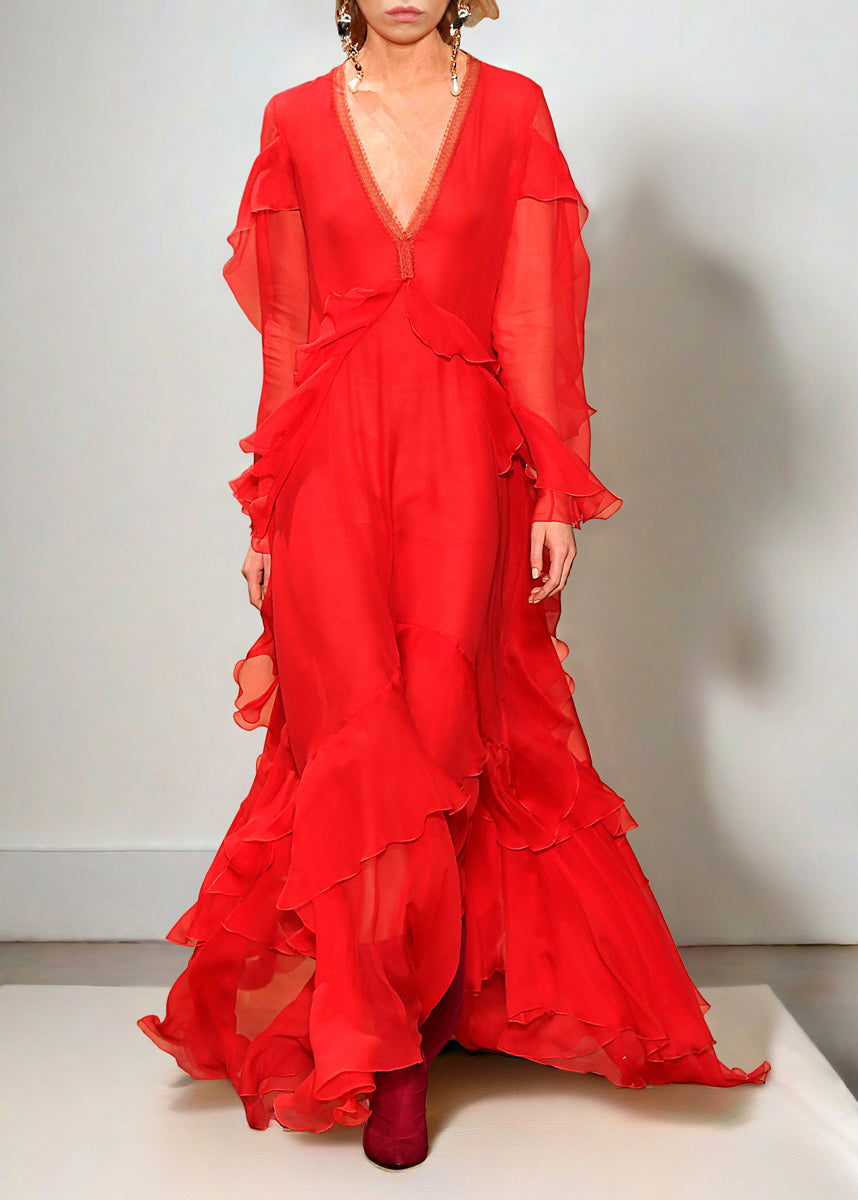 Red V Neck Ruffled Asymmetrical Patchwork Silk Dress Spring