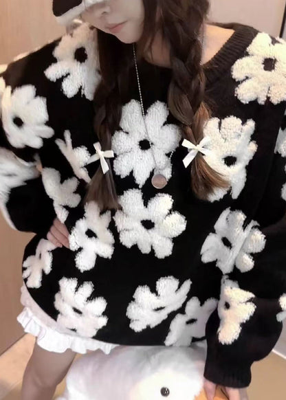 French Black O Neck Cozy Knit Sweaters Spring