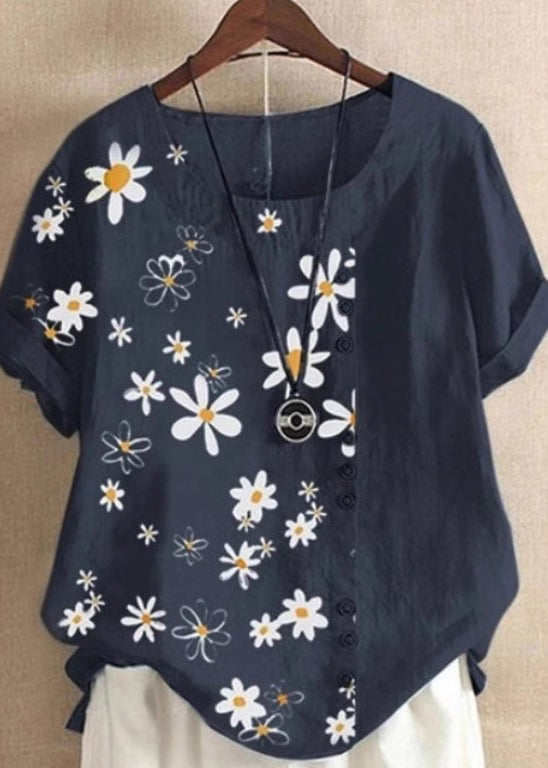 Loose Green O Neck Print Patchwork Cotton Blouses Top Summer