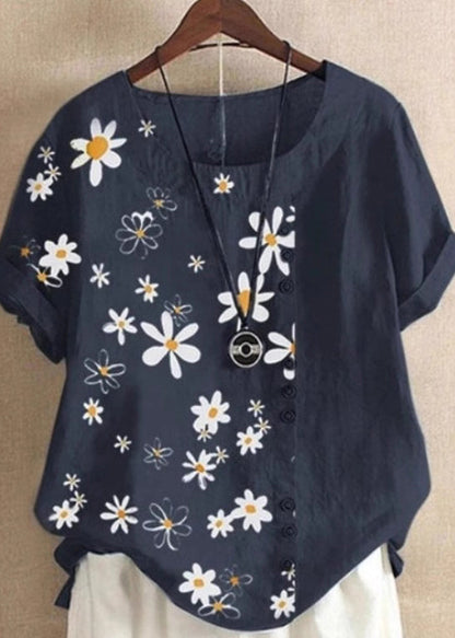 Loose Green O Neck Print Patchwork Cotton Blouses Top Summer