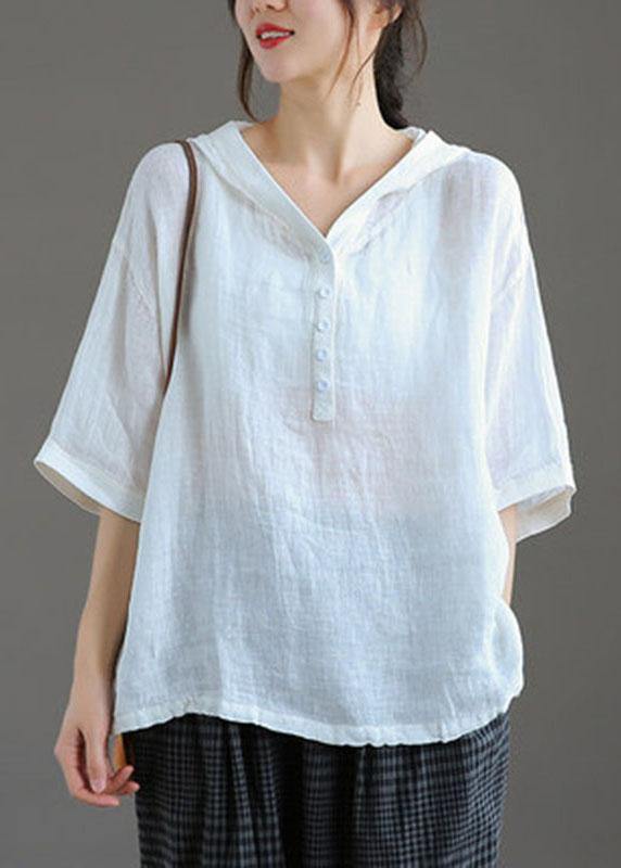 Khaki Hooded Patchwork Summer Linen Blouses