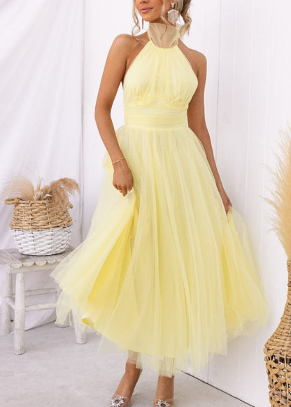 French Apricot Hign Neck Wrinkled Patchwork Tulle Dress Sleeveless