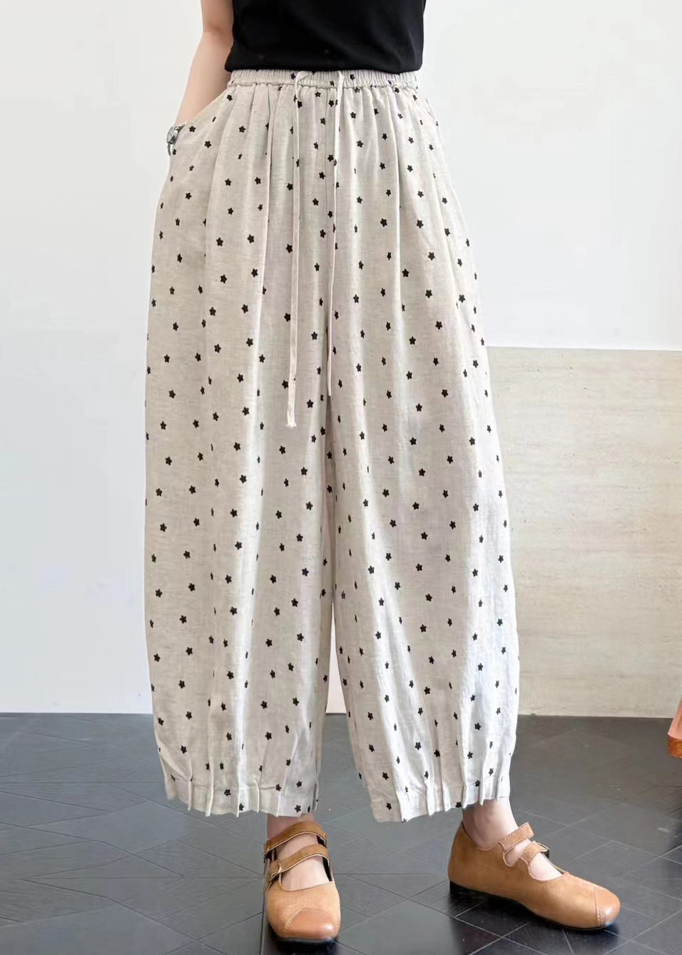 Italian White Oversized Print Linen Crop Pants Summer