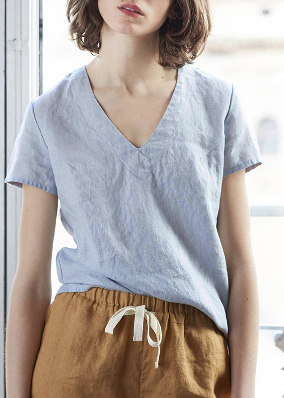 Boutique Green V Neck Simple Linen T Shirts Summer