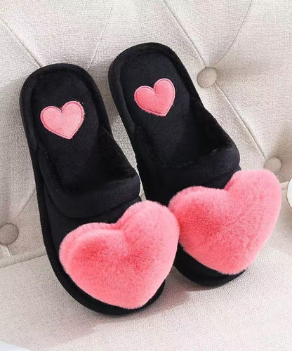 Heart Splicing Slippers Shoes Pink Fuzzy Wool Lined