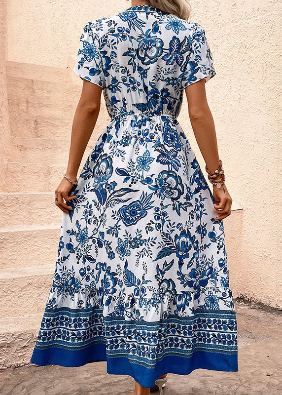 Blue Print Drawstring Chiffon Holiday Dress Summer