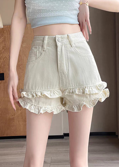 New White Ruffled Pockets Denim Shorts Summer