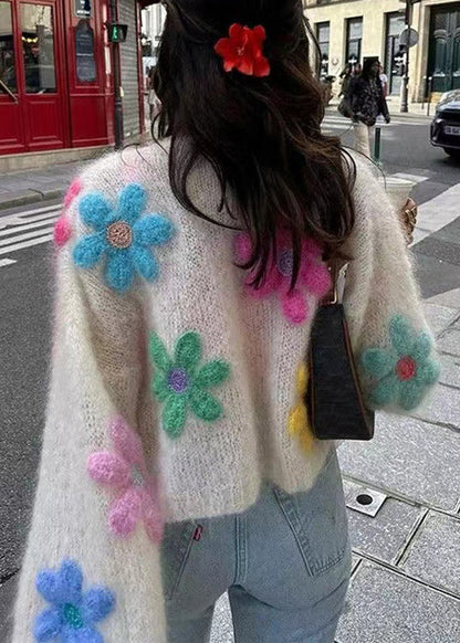 White Button Hollow Out Wool Knit Cardigans Winter