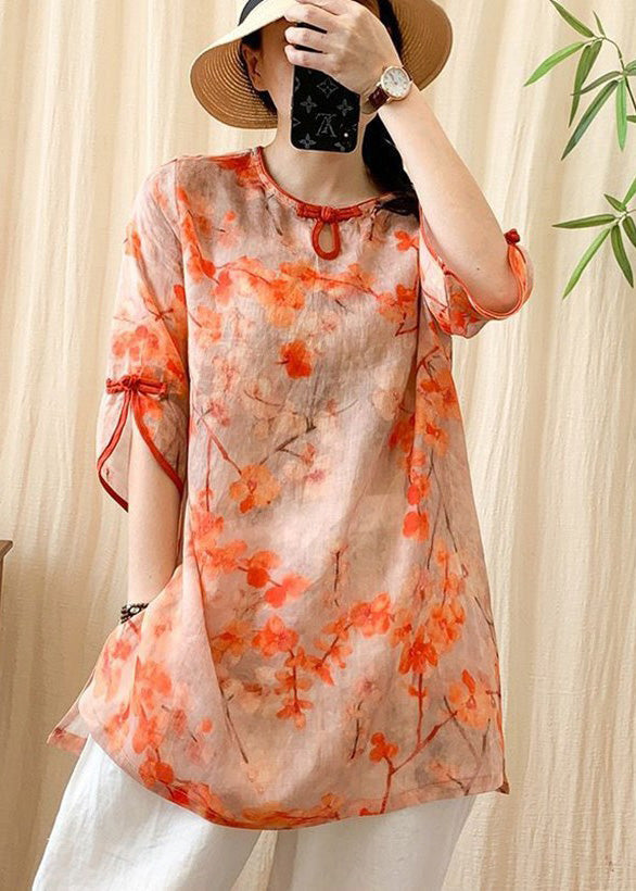 Orange O-neck Print Button Side Open Linen Shirt Half Sleeve