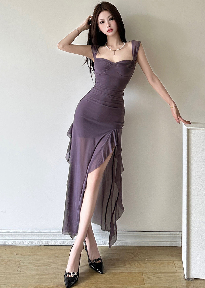 Purple Ruffled Patchwork Side Open Tulle Maxi Dress Summer