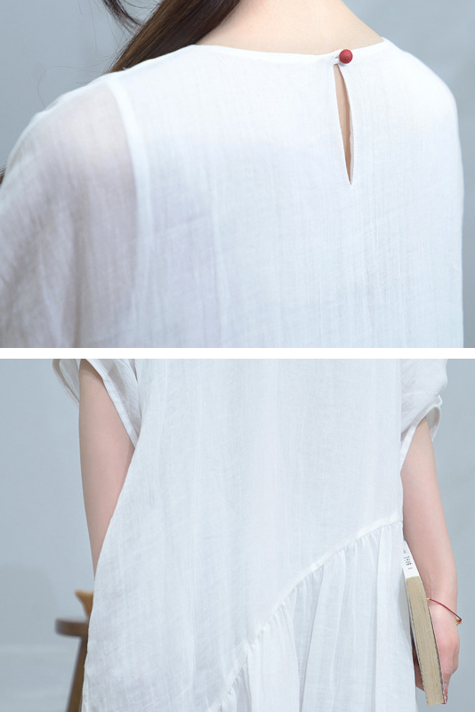 Summer Simple Puff Sleeve Dress Ramie Pleated Dress