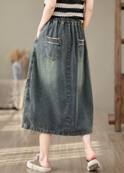 Denim Blue Pockets Patchwork Tie Waist Maxi Skirt Summer