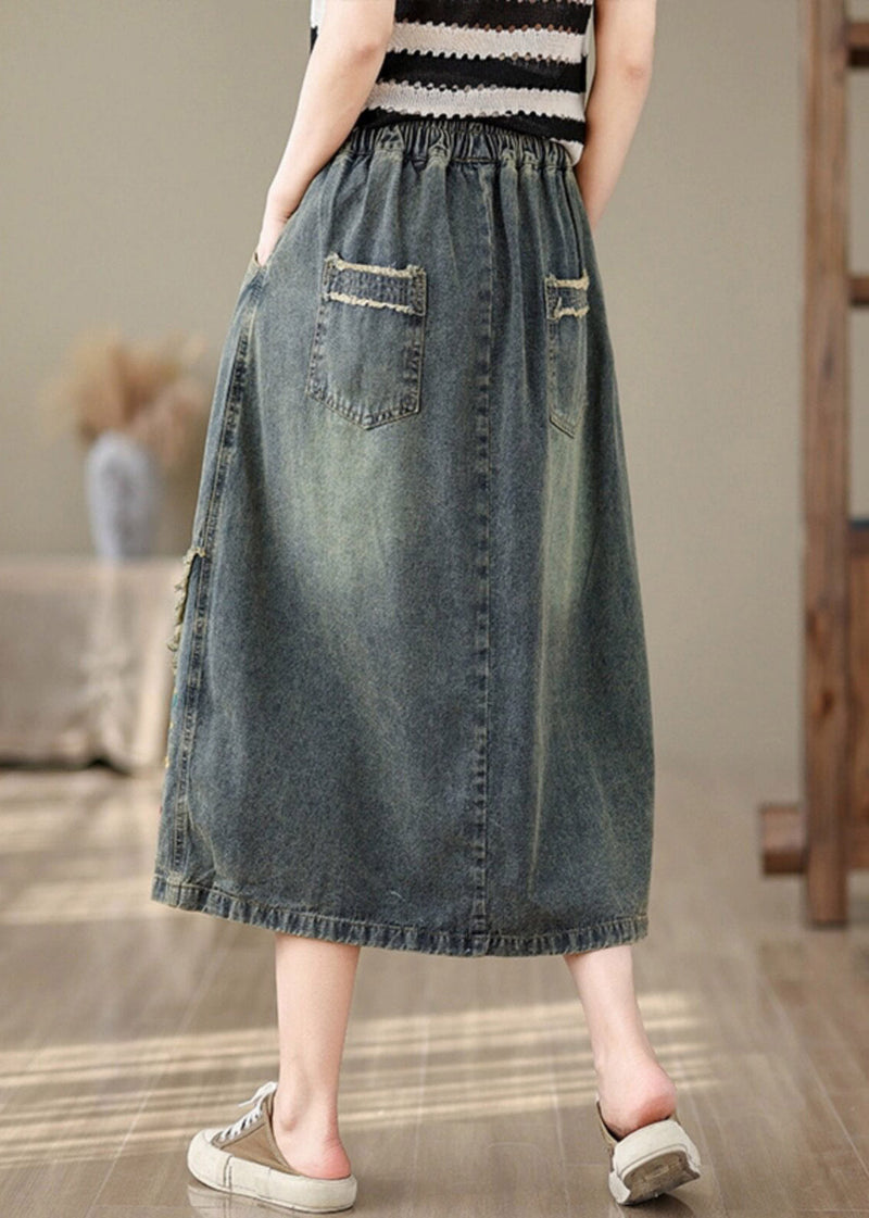 Denim Blue Pockets Patchwork Tie Waist Maxi Skirt Summer