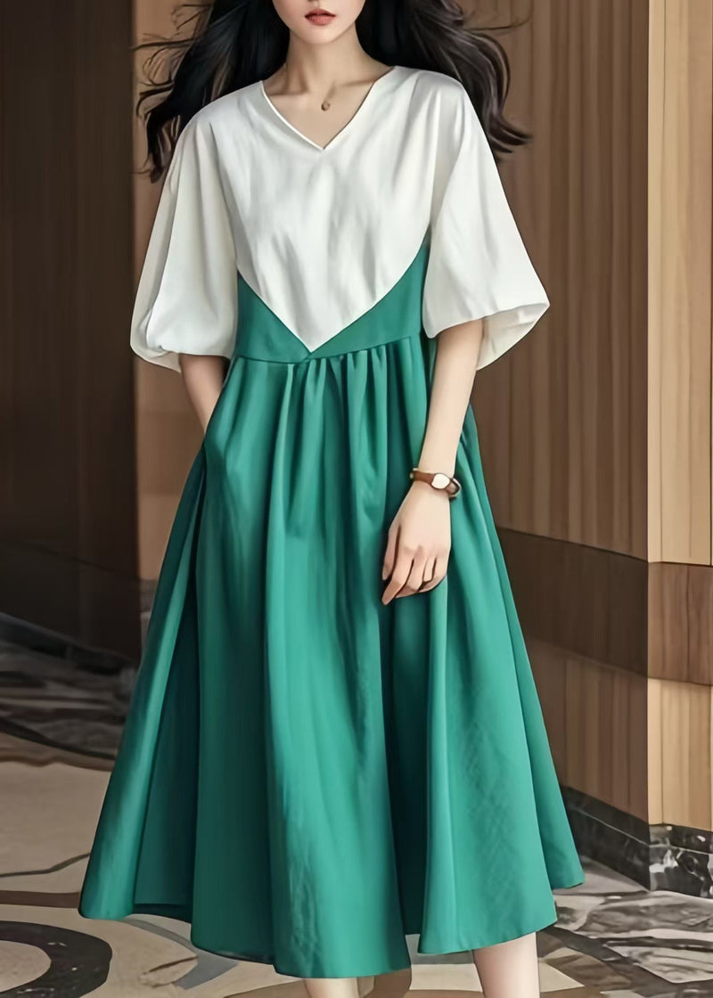 Colorblock V Neck Patchwork Cotton Robe Dresses Lantern Sleeve