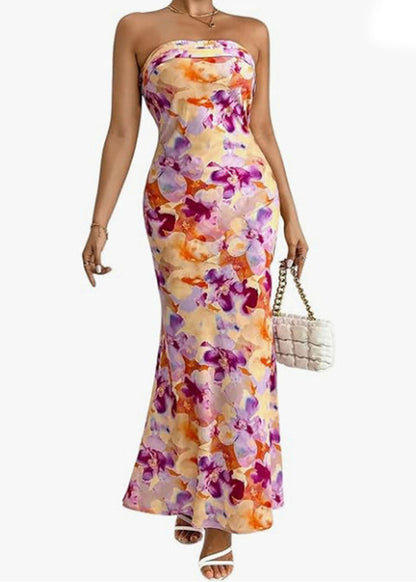 Stylish Blue Print Cotton Strapless Dresses Sleeveless