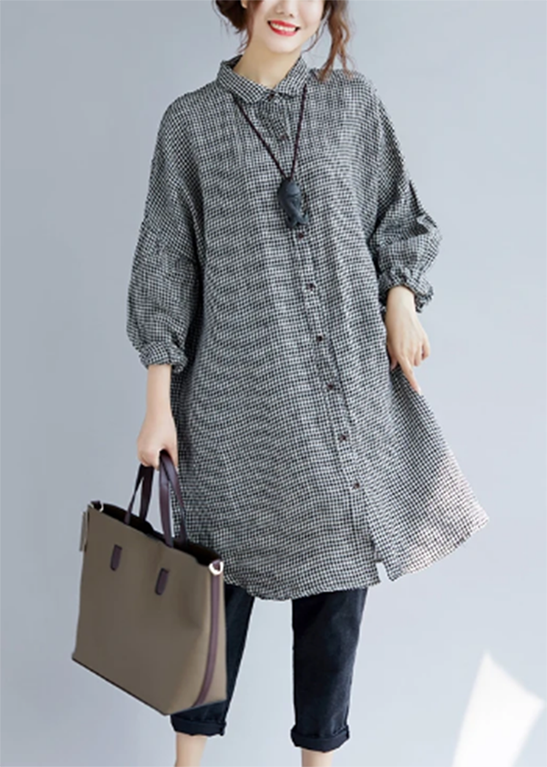 Stylish Black Plaid Cozy Cotton T Shirt Oversize Turn-down Collar Cotton Blouses Fine Long Sleeve Tops